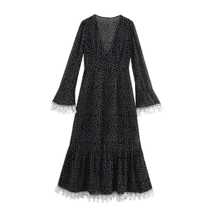French style black polka dot dress with V-neck, long sleeves and lace hem detail