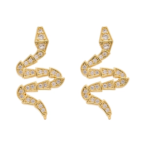 Gold snake earrings with sparkling cubic zirconia pavé stones on a white background