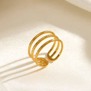 Mehrlagiger Edelstahl Ring Gehämmert 18K Vergoldet Offen Verstellbar Geometrischer Schmuck Damen