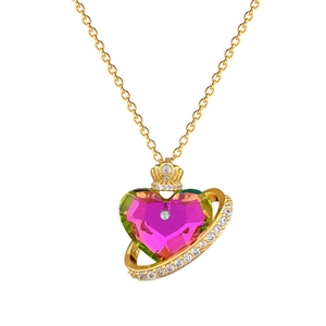 Golden crown heart necklace with pink gemstone and rhinestones on polished titanium steel