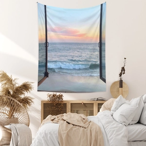Detail of bohemian tapestry showing a scenic ocean sunset view through an open window frame