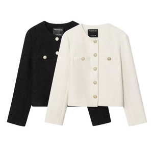 Veste En Tweed Élégante Femme Style Français Col Rond Mode Vêtements De Dessus Avec Boutons Métal Dorés Manches Longues