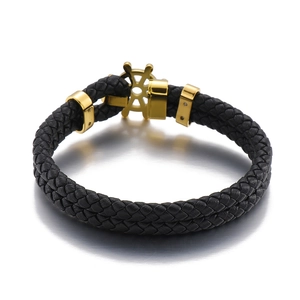 Men's double-layered black leather woven bracelet with golden stainless steel rudder clasp
