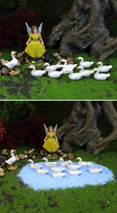 Kit jardin miniature avec figurines de cygnes en résine sur mousse et sable bleu