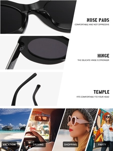 Macro view of retro oval sunglasses hinge and UV400 lenses in bright outdoor setting