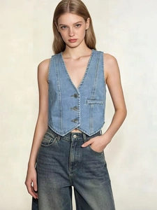 Women's light blue denim vest with buttons and V-neck, casual style studio shot
