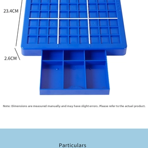Detail view of blue Sudoku puzzle board with storage drawer and precise dimensions