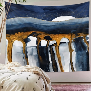 Detail of mountain and moon tapestry as a cozy wall decoration in a modern bedroom