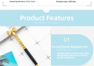 Detail view of the 16cm metal ballpoint pen featuring a gold bow and gold leaf filling