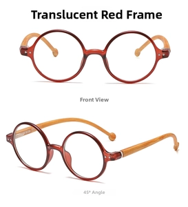 Detail view of retro round translucent red eyeglasses with stylish wood grain temples