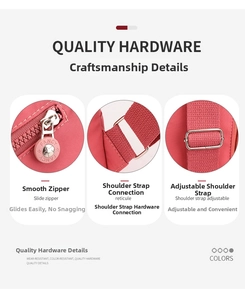 Detail of pink nylon chest bag showing smooth metal FANCY zippers and durable D-rings