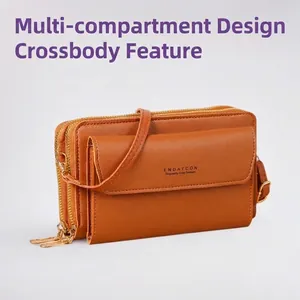 Women Crossbody Phone Bag PU Leather Multi Zipper Compartments Fashion Shoulder Wallet Large Capacity For Daily