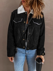 Women's vintage oversized black corduroy jacket with white fleece collar and metal buttons