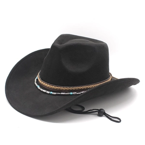 Black faux suede western cowboy hat with ethnic beaded band and adjustable wind rope