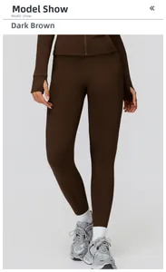 Detail of coffee brown thermal yoga set with thumb holes and high-waist sports leggings