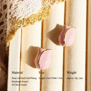 Pink tulip enamel earrings with gold-plated finish and 925 sterling silver pins