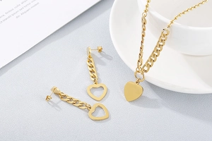 Detailed view of gold heart necklace and matching drop earrings on textured background