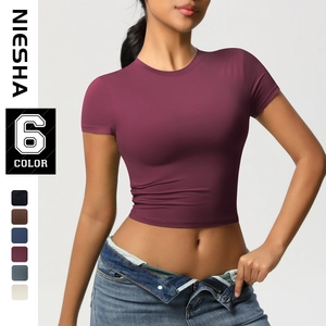 Women's Slim Fit Nylon Spandex Sport T-Shirt Quick Dry Cropped Short Sleeve Top Solid Color Yoga Gym Activewear