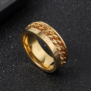 Golden stainless steel spinning ring featuring roman numerals and a rotatable chain inlay
