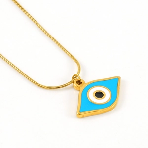 Gold titanium steel necklace featuring a blue evil eye pendant on a white background