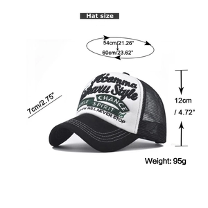 Black and white 3D embroidery mesh trucker hat with adjustable sizing details
