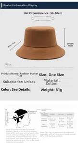 Size guide for cotton bucket hat showing head circumference, brim width, and measuring steps