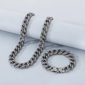 Men Stainless Steel Jewelry Set Twisted Cuban Necklace And Bracelet Retro Hip Hop Style With Carved Totem Buckle