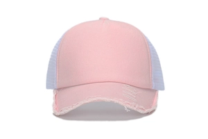 Pink distressed baseball cap with breathable white mesh and vintage ripped brim detail