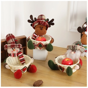 Three-piece Christmas bamboo baskets set with Santa, elk, and snowman doll decorations