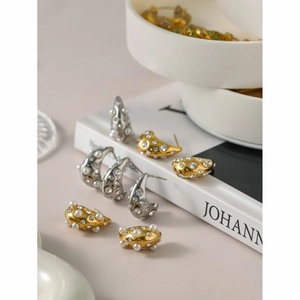Elegant 18k gold and silver chunky teardrop earrings with pearls and rhinestones