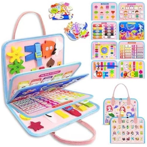 Detailed view of Montessori busy board features including zippers, gears and buckles