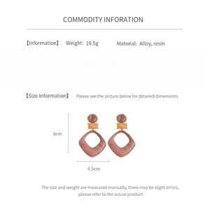 Detailed spec sheet showing 19.5g resin diamond earrings with 8cm x 4.5cm dimensions