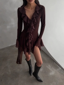 Elegant deep V-neck mini dress with tiered ruffles and bell sleeves in dark coffee brown
