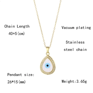 Detail view of evil eye teardrop pendant with size specifications and chain dimensions