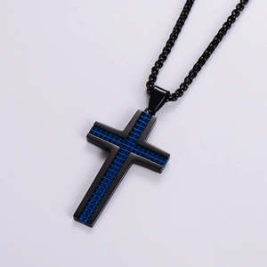 Men's black stainless steel cross necklace with blue checkered pattern on chain
