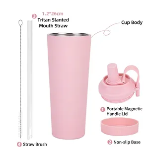 Pink 830ml insulated stainless steel tumbler with magnetic handle and Tritan straw