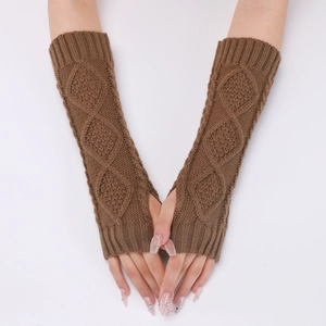 Close-up of coffee brown diamond pattern knit arm warmer with thumb hole detail
