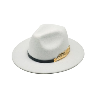 White British style wool jazz fedora hat with gold leaf and black ribbon decoration