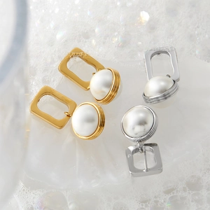 Vintage 316 stainless steel hollow square pearl earrings in gold and silver finish