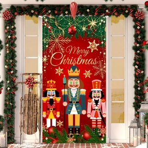Nutcracker soldier Christmas door banners with Merry Christmas print in festive porch scene