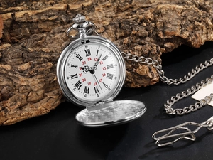Detalle de reloj de bolsillo plateado con números romanos sobre una corteza natural