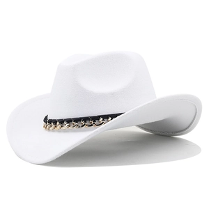 Classic white wool felt western cowboy hat with gold chain band and curved brim