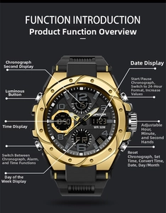 Dettaglio dell'orologio sportivo a doppio display con impermeabilità 50m e cronografo
