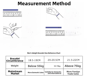 Size guide with measurement steps and weight chart for leather stone bracelets