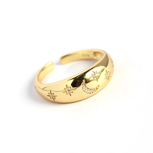 Vintage s925 silver gold open ring featuring celestial star and moon zircon patterns