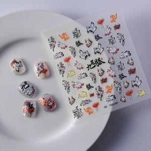 5D embossed nail art stickers featuring Japanese fox masks and red spider lily designs