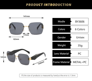 Detailed size specifications and dimensions for rimless square sunglasses with metal frame