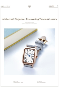 Detail of Gedi square watch with rose gold case, textured dial and grey leather strap
