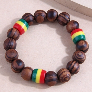 Wood Beaded Bracelet Ethnic Rasta Style Natural Brown With Red Yellow Green Accents Unisex Vintage Jewelry