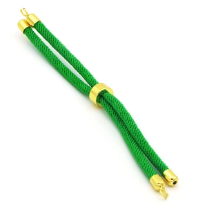 Detail of green double-strand braided cord with polished gold metal clasp and ring